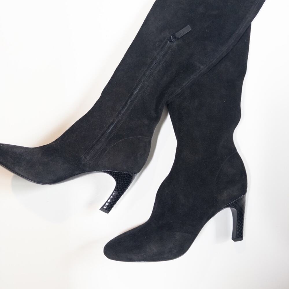 Tory Burch Over the Knee Stretch Boot Womens 7 Black Suede 80mm Snake Skin Heel - Picture 3 of 10